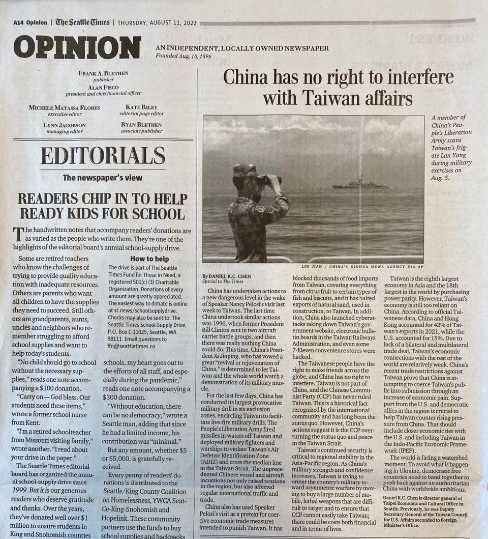 The Seattle Times published Director General C... - Taipei